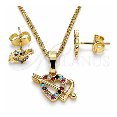 Oro Laminado Earring and Pendant Adult Set, Gold Filled Style Heart Design, with Multicolor Micro Pave, Polished, Golden Finish, 10.233.0044.2