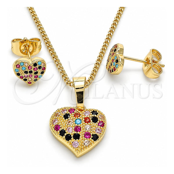Oro Laminado Earring and Pendant Adult Set, Gold Filled Style Heart Design, with Multicolor Micro Pave, Polished, Golden Finish, 10.233.0045.2