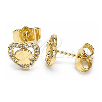 Oro Laminado Stud Earring, Gold Filled Style Heart and Butterfly Design, with White Micro Pave, Polished, Golden Finish, 02.233.0052