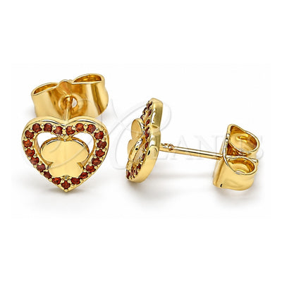 Oro Laminado Stud Earring, Gold Filled Style Heart and Butterfly Design, with Garnet Micro Pave, Polished, Golden Finish, 02.233.0052.1