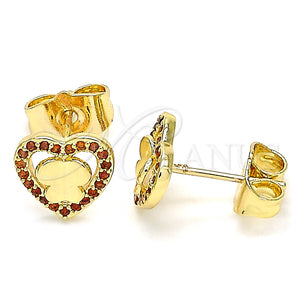 Oro Laminado Stud Earring, Gold Filled Style Heart and Butterfly Design, with Garnet Micro Pave, Polished, Golden Finish, 02.233.0052.1