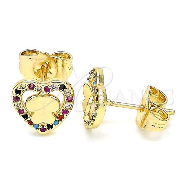 Oro Laminado Stud Earring, Gold Filled Style Heart and Butterfly Design, with Multicolor Micro Pave, Polished, Golden Finish, 02.233.0052.2