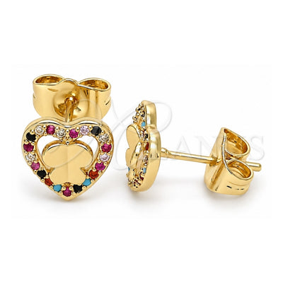Oro Laminado Stud Earring, Gold Filled Style Heart and Butterfly Design, with Multicolor Micro Pave, Polished, Golden Finish, 02.233.0052.2