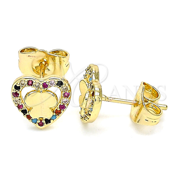 Oro Laminado Stud Earring, Gold Filled Style Heart and Butterfly Design, with Multicolor Micro Pave, Polished, Golden Finish, 02.233.0052.2