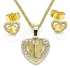 Oro Laminado Earring and Pendant Adult Set, Gold Filled Style Heart and Butterfly Design, with White Micro Pave, Polished, Golden Finish, 10.233.0046