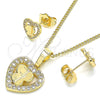 Oro Laminado Earring and Pendant Adult Set, Gold Filled Style Heart and Butterfly Design, with White Micro Pave, Polished, Golden Finish, 10.233.0046