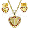 Oro Laminado Earring and Pendant Adult Set, Gold Filled Style Heart and Butterfly Design, with Garnet Micro Pave, Polished, Golden Finish, 10.233.0046.1