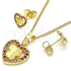 Oro Laminado Earring and Pendant Adult Set, Gold Filled Style Heart and Butterfly Design, with Garnet Micro Pave, Polished, Golden Finish, 10.233.0046.1
