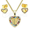 Oro Laminado Earring and Pendant Adult Set, Gold Filled Style Heart and Butterfly Design, with Multicolor Micro Pave, Polished, Golden Finish, 10.233.0046.2