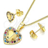 Oro Laminado Earring and Pendant Adult Set, Gold Filled Style Heart and Butterfly Design, with Multicolor Micro Pave, Polished, Golden Finish, 10.233.0046.2