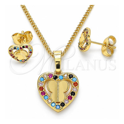 Oro Laminado Earring and Pendant Adult Set, Gold Filled Style Heart and Butterfly Design, with Multicolor Micro Pave, Polished, Golden Finish, 10.233.0046.2