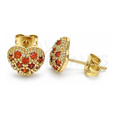 Oro Laminado Stud Earring, Gold Filled Style Heart Design, with Garnet Cubic Zirconia, Polished, Golden Finish, 02.213.0138.1