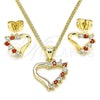 Oro Laminado Earring and Pendant Adult Set, Gold Filled Style Heart Design, with Garnet and White Cubic Zirconia, Polished, Golden Finish, 10.213.0013.1