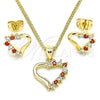 Oro Laminado Earring and Pendant Adult Set, Gold Filled Style Heart Design, with Garnet and White Cubic Zirconia, Polished, Golden Finish, 10.213.0013.1