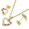 Oro Laminado Earring and Pendant Adult Set, Gold Filled Style Heart Design, with Garnet and White Cubic Zirconia, Polished, Golden Finish, 10.213.0013.1
