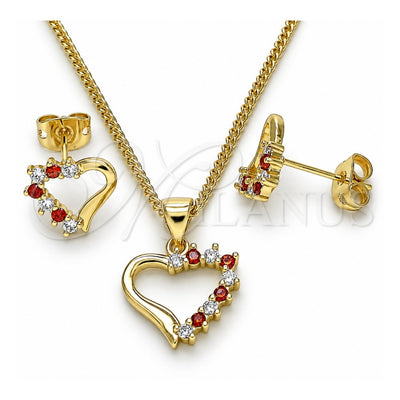 Oro Laminado Earring and Pendant Adult Set, Gold Filled Style Heart Design, with Garnet and White Cubic Zirconia, Polished, Golden Finish, 10.213.0013.1