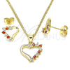 Oro Laminado Earring and Pendant Adult Set, Gold Filled Style Heart Design, with Garnet and White Cubic Zirconia, Polished, Golden Finish, 10.213.0013.1