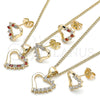 Oro Laminado Earring and Pendant Adult Set, Gold Filled Style Heart Design, with Garnet and White Cubic Zirconia, Polished, Golden Finish, 10.213.0013.1
