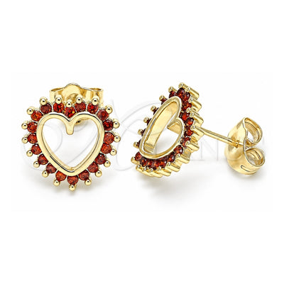 Oro Laminado Stud Earring, Gold Filled Style Heart Design, with Garnet Cubic Zirconia, Polished, Golden Finish, 02.284.0032.1