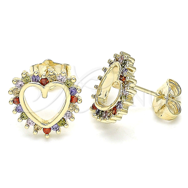 Oro Laminado Stud Earring, Gold Filled Style Heart Design, with Multicolor Cubic Zirconia, Polished, Golden Finish, 02.284.0032.2
