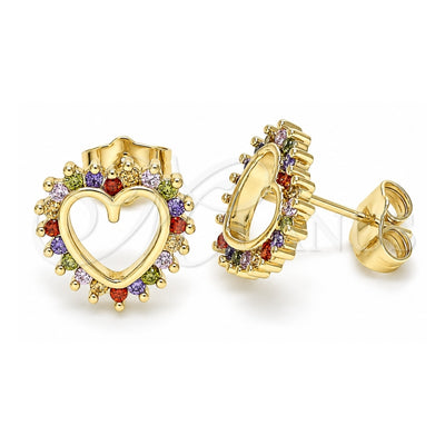 Oro Laminado Stud Earring, Gold Filled Style Heart Design, with Multicolor Cubic Zirconia, Polished, Golden Finish, 02.284.0032.2