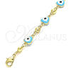 Oro Laminado Fancy Anklet, Gold Filled Style Evil Eye and Hand Design, Turquoise Enamel Finish, Golden Finish, 03.213.0037.4.10 (08 MM Thickness, 10 Inches Length)