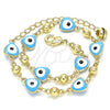Oro Laminado Fancy Anklet, Gold Filled Style Evil Eye and Hand Design, Turquoise Enamel Finish, Golden Finish, 03.213.0037.4.10 (08 MM Thickness, 10 Inches Length)
