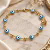Oro Laminado Fancy Anklet, Gold Filled Style Evil Eye and Hand Design, Turquoise Enamel Finish, Golden Finish, 03.213.0037.4.10 (08 MM Thickness, 10 Inches Length)