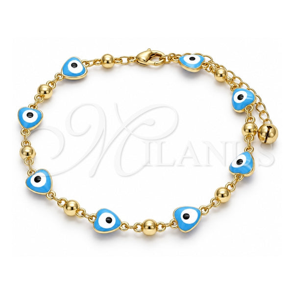 Oro Laminado Fancy Anklet, Gold Filled Style Evil Eye and Hand Design, Turquoise Enamel Finish, Golden Finish, 03.213.0037.4.10 (08 MM Thickness, 10 Inches Length)