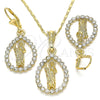Oro Laminado Earring and Pendant Adult Set, Gold Filled Style San Judas and Teardrop Design, with White Crystal, Polished, Golden Finish, 10.351.0013
