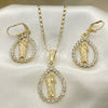 Oro Laminado Earring and Pendant Adult Set, Gold Filled Style San Judas and Teardrop Design, with White Crystal, Polished, Golden Finish, 10.351.0013
