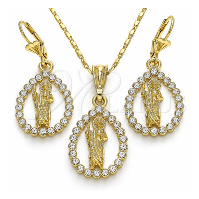 Oro Laminado Earring and Pendant Adult Set, Gold Filled Style San Judas and Teardrop Design, with White Crystal, Polished, Golden Finish, 10.351.0013