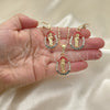Oro Laminado Earring and Pendant Adult Set, Gold Filled Style San Judas and Teardrop Design, with Multicolor Crystal, Polished, Golden Finish, 10.351.0013.1