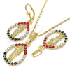 Oro Laminado Earring and Pendant Adult Set, Gold Filled Style San Judas and Teardrop Design, with Multicolor Crystal, Polished, Golden Finish, 10.351.0013.1