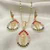 Oro Laminado Earring and Pendant Adult Set, Gold Filled Style San Judas and Teardrop Design, with Multicolor Crystal, Polished, Golden Finish, 10.351.0013.1
