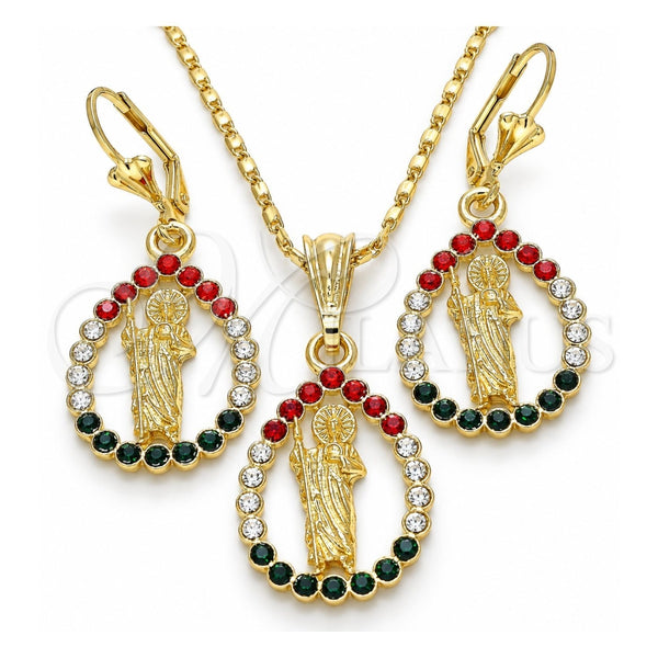 Oro Laminado Earring and Pendant Adult Set, Gold Filled Style San Judas and Teardrop Design, with Multicolor Crystal, Polished, Golden Finish, 10.351.0013.1