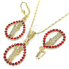 Oro Laminado Earring and Pendant Adult Set, Gold Filled Style San Judas and Teardrop Design, with Garnet Crystal, Polished, Golden Finish, 10.351.0013.2