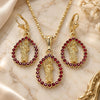 Oro Laminado Earring and Pendant Adult Set, Gold Filled Style San Judas and Teardrop Design, with Garnet Crystal, Polished, Golden Finish, 10.351.0013.2