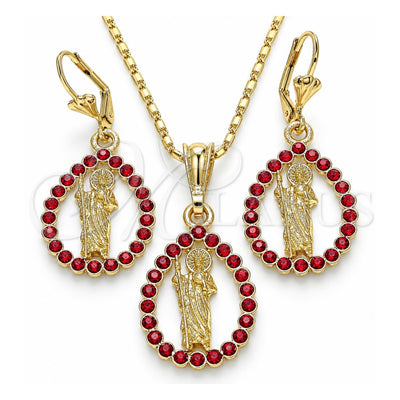 Oro Laminado Earring and Pendant Adult Set, Gold Filled Style San Judas and Teardrop Design, with Garnet Crystal, Polished, Golden Finish, 10.351.0013.2