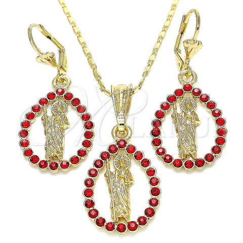 Oro Laminado Earring and Pendant Adult Set, Gold Filled Style San Judas and Teardrop Design, with Garnet Crystal, Polished, Golden Finish, 10.351.0013.2