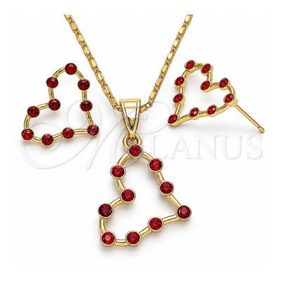 Oro Laminado Earring and Pendant Adult Set, Gold Filled Style Heart Design, with Garnet Crystal, Polished, Golden Finish, 10.351.0014.1
