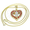 Oro Laminado Pendant Necklace, Gold Filled Style Guadalupe and Heart Design, with Garnet Crystal, Polished, Tricolor, 04.351.0025.20 (02 MM Thickness, 20 Inches Length)