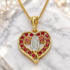 Oro Laminado Pendant Necklace, Gold Filled Style Guadalupe and Heart Design, with Garnet Crystal, Polished, Tricolor, 04.351.0025.20 (02 MM Thickness, 20 Inches Length)