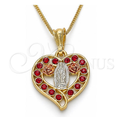 Oro Laminado Pendant Necklace, Gold Filled Style Guadalupe and Heart Design, with Garnet Crystal, Polished, Tricolor, 04.351.0025.20 (02 MM Thickness, 20 Inches Length)
