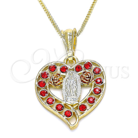 Oro Laminado Pendant Necklace, Gold Filled Style Guadalupe and Heart Design, with Garnet Crystal, Polished, Tricolor, 04.351.0025.20 (02 MM Thickness, 20 Inches Length)