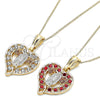Oro Laminado Pendant Necklace, Gold Filled Style Guadalupe and Heart Design, with Garnet Crystal, Polished, Tricolor, 04.351.0025.20 (02 MM Thickness, 20 Inches Length)