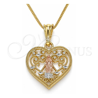 Oro Laminado Pendant Necklace, Gold Filled Style Guadalupe and Heart Design, Polished, Tricolor, 04.351.0026.20 (02 MM Thickness, 20 Inches Length)