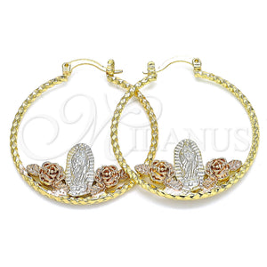 Gold Filled Hoop Earrings — Medium Hoop Guadalupe and Flower Design Diamond Cutting — main product view — SKU 135808 | Oro Laminado aretes de aro — Medium Hoop Guadalupe and flor diseño Diamond Cutting — SKU 135808