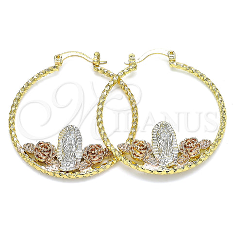 Oro Laminado Medium Hoop, Gold Filled Style Guadalupe and Flower Design, Diamond Cutting Finish, Tricolor, 02.351.0102.35