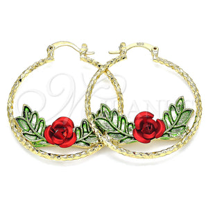 Gold Filled Hoop Earrings — Medium Hoop Flower and Leaf Design Polished Tricolor — main product view — SKU 135809 | Oro Laminado aretes de aro — Medium Hoop flor and Leaf diseño pulido Tricolor — SKU 135809